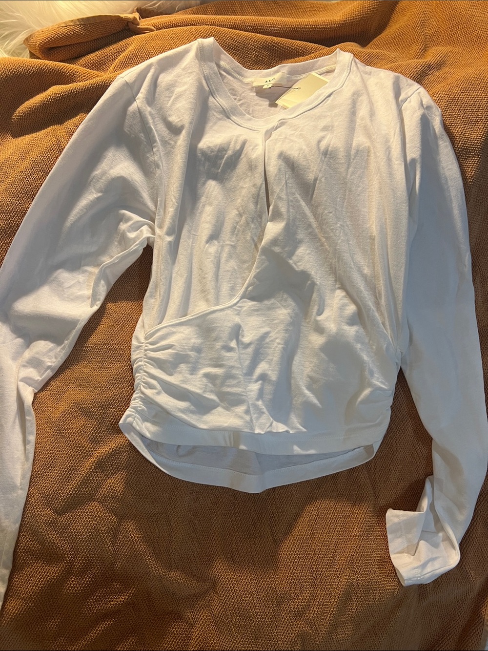 A.L.C. Kids White Long Sleeve V-Neck Top with Side Ruching